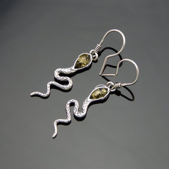 DirtyBombBoutique.com Jewelry - Natural Baltic Green Amber Dangle Snake Earrings in 925 Sterling Silver